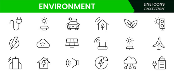 Ecology and Environment Related Vector Line Icons. Contains such Icons as Electric Car, Global Warming, Forest, Recycle, Nuclear power, Pollution.