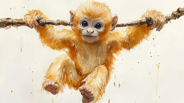 A lively and playful monkey is joyfully swinging from a branch beautifully illustrated in a vibrant watercolor sketch against a crisp clean white background