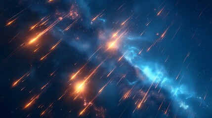 Fototapeta premium A stunning digital artwork depicting a cosmic scene with bright, glowing meteor showers against a deep blue starry background.