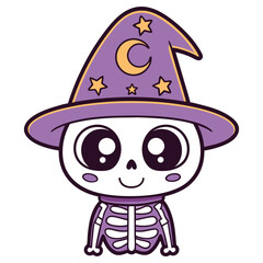 Charming Skeleton with Oversized Eyes and Lavender Wizard Hat Featuring Moon and Stars