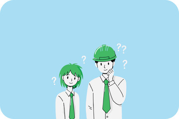 Obraz premium Two people, one with a green helmet, pondering with question marks, against a light blue background.