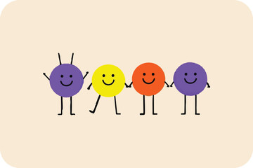 Four colorful, smiling characters with stick arms and legs, holding hands, against a light background, conveying friendship and joy