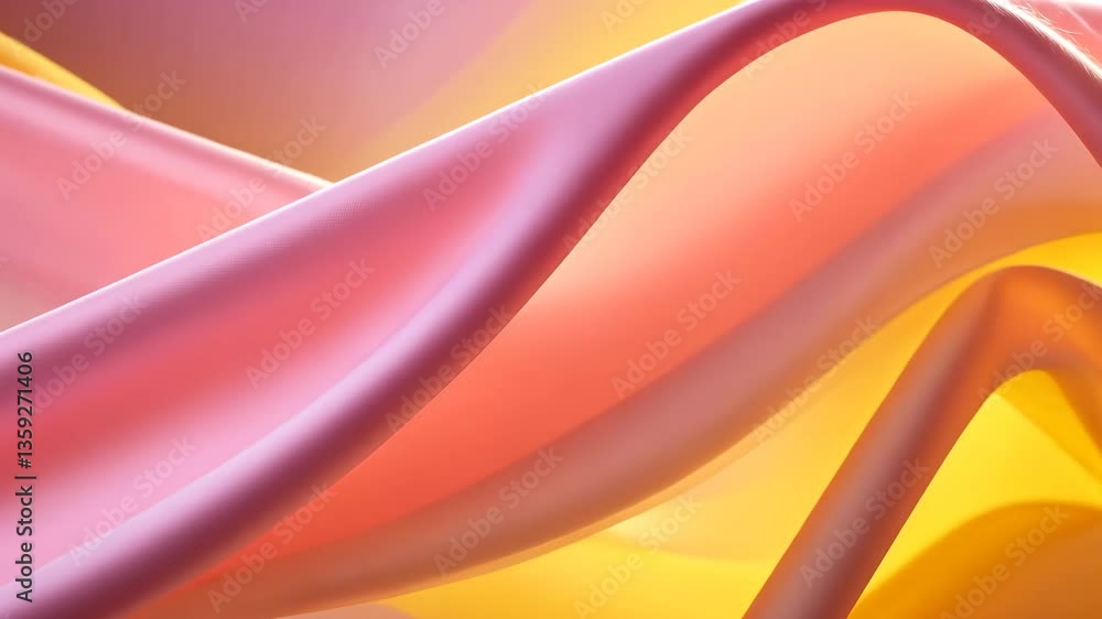 Poster abstract digital artwork featuring wavy pink and yellow layered shapes with dynamic motion and soft 