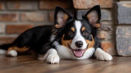 Happy mixed breed dog resting on wooden floor