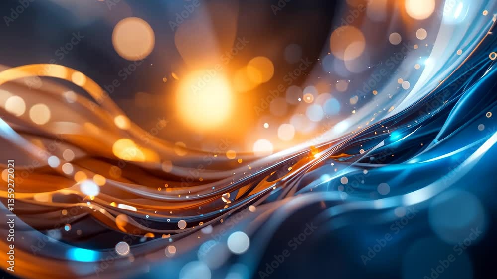 Poster abstract digital composition with orange and blue flowing lines and bokeh effect on dark backdrop