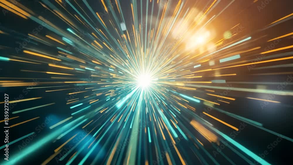 Canvas Prints abstract digital data visualization with radiating blue and orange lines and bright center light