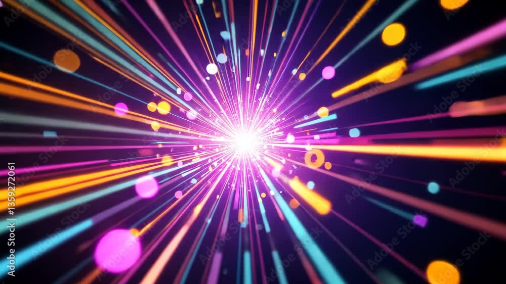 Poster abstract digital explosion with bright light burst and colorful dynamic lines on dark backdrop