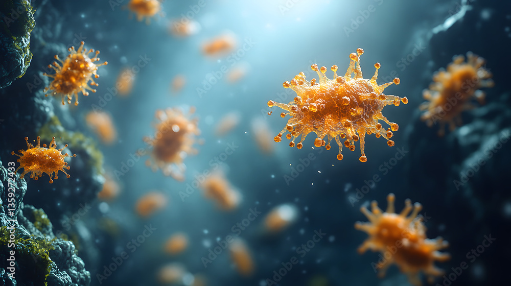 Poster microscopic world: detailed, high-resolution rendering of a virus particle, floating in an aqueous e