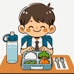 Cheerful Schoolboy Enjoying Lunch From a Bento Box with Water Bottle