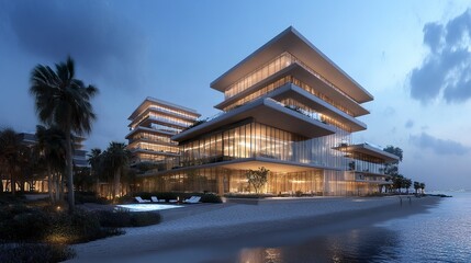 Modern beachfront villas in a luxury resort estate, floor-to-ceiling glass offering ocean views, infinity pools glowing under warm evening light 