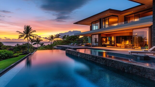 Modern beachfront villas in a luxury resort estate, floor-to-ceiling glass offering ocean views, infinity pools glowing under warm evening light 