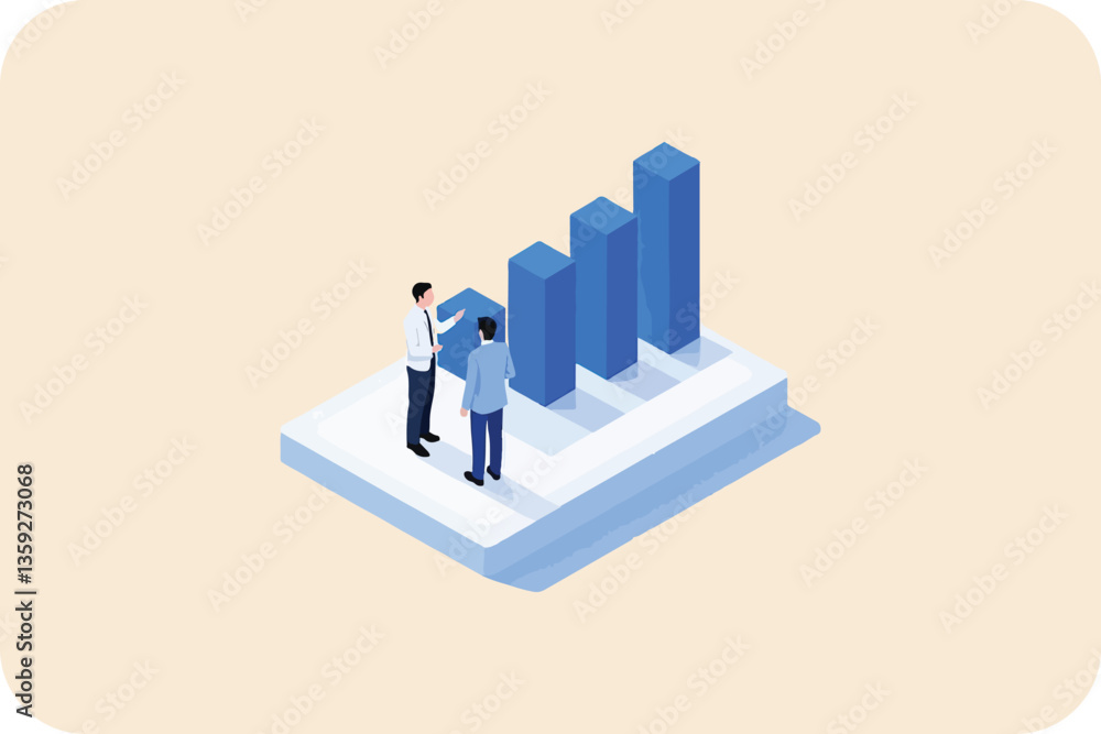 Poster two figures analyzing a rising bar graph on a platform, in isometric view, against a light backgroun