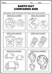 Fototapeta premium Engaging Earth Day comparing size worksheet for kindergarten! Kids practice big vs. small and ordering sizes with fun eco-friendly objects. Great for early math skills, sorting, and hands-on learning!