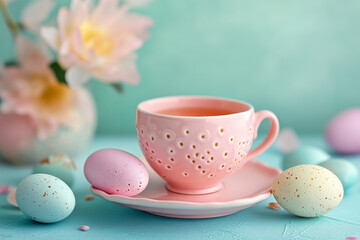 Pink cup with tea and pastel eggs on soft background