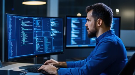 Programmer Working on Multiple Monitors with Coding Scripts and Data Visualization in Modern Office Environment