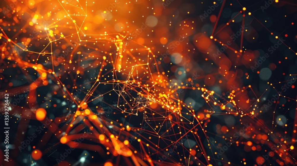 Poster abstract depiction of glowing orange digital grid. digital artwork of glowing orange dots or 3d rend