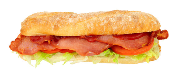 Bacon, lettuce and tomato baguette sandwich roll with red tomato ketchup sauce isolated on a white background