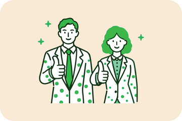 Two professionals with thumbs up, smiling, in dotted suits, against a light background, conveying approval and teamwork.
