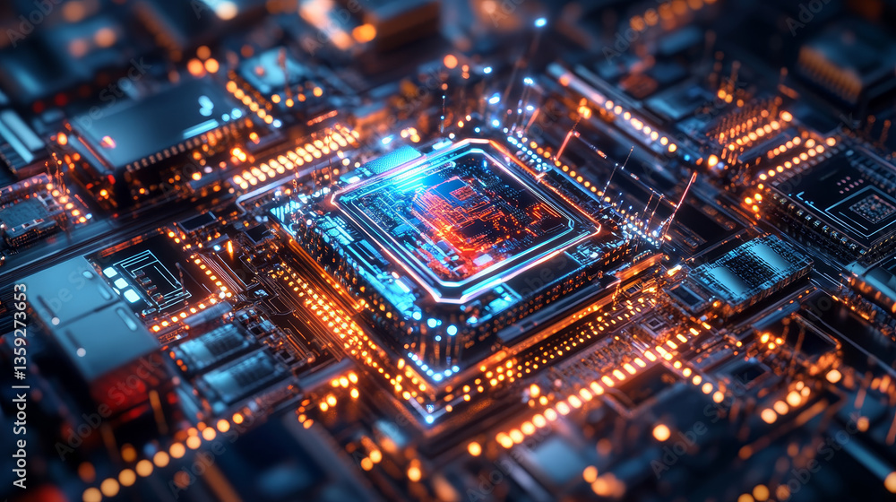 Poster artificial intelligence. quantum processor, cpu, futuristic computer circuit. high technology cybers