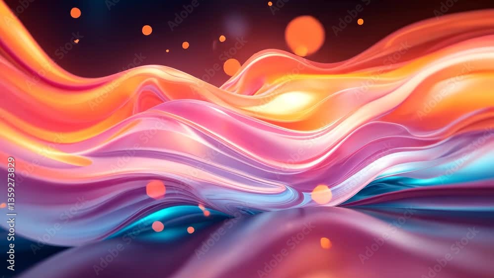 Poster abstract flowing waves in vibrant colors with reflective surface and glowing particles