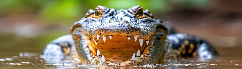 Obraz premium A close up of an alligator displaying dangerous teeth