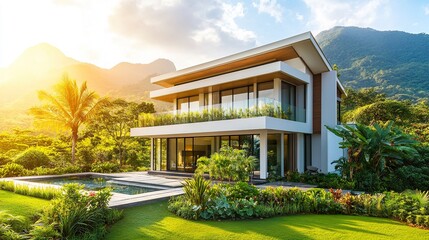 Fototapeta premium Modern home in a serene natural setting, surrounded by lush greenery and mountains, bright sunlight symbolizing growth 
