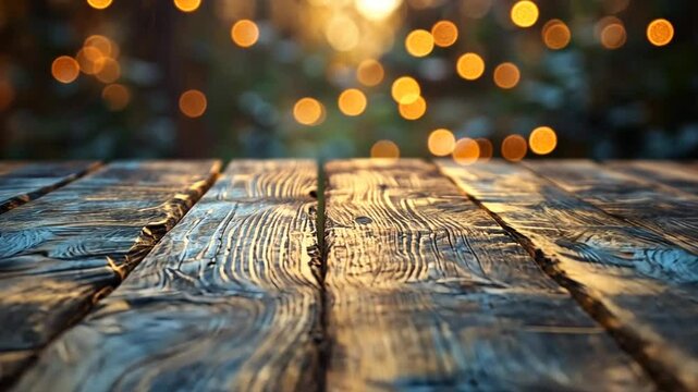 Rustic wooden table outdoors, bokeh lights. Empty tabletop for product display