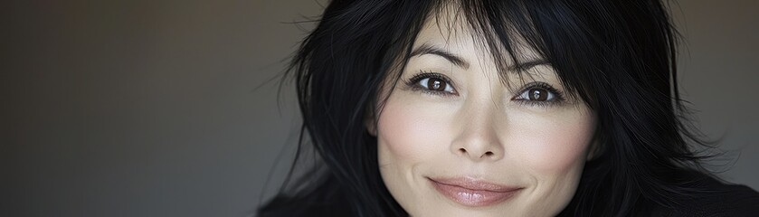 Fototapeta premium A portrait showcases a smiling asian woman with dark black hair