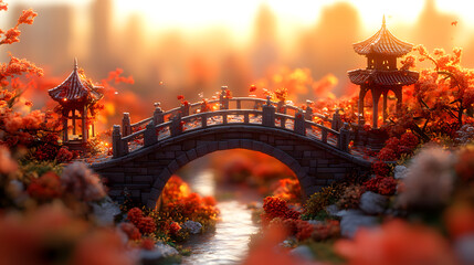 Autumnal Serenity: Capture the peace of autumn with a stone bridge arching over a tranquil river, the scene enveloped by the fiery embrace of seasonal foliage and pagodas in a serene garden.