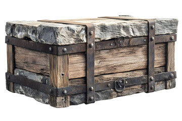 Old treasure chest made of wood with stone elements and secured with metal bands.
