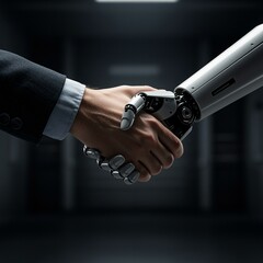 robot and man shake hands, friendship between man and robot