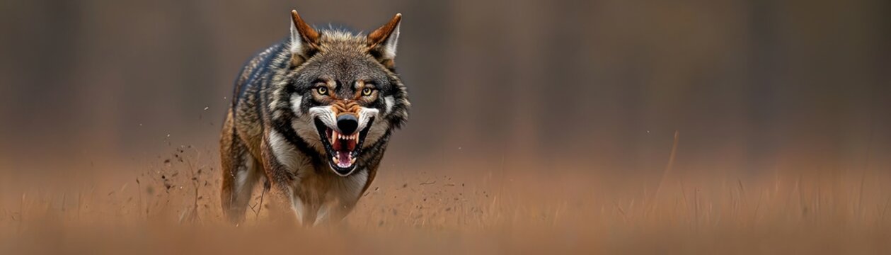 An angry wolf running toward the camera with open mouth