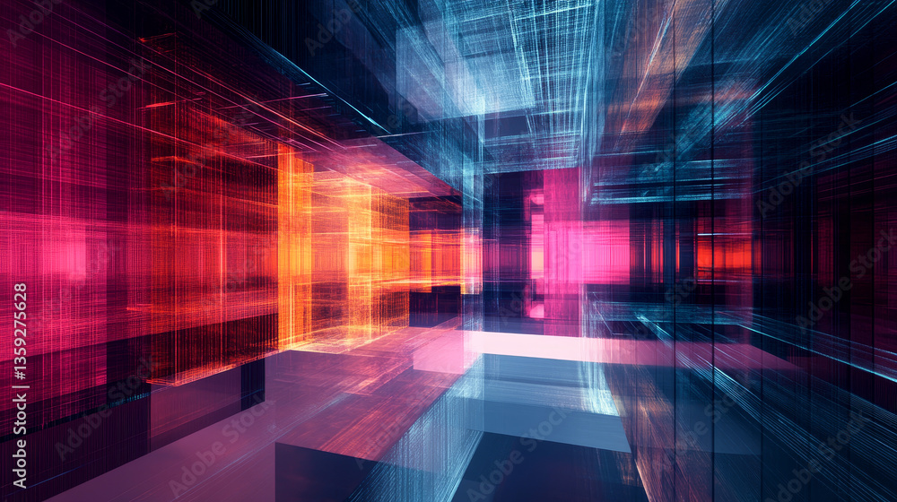 Poster cyber cave, stage for performance, stage in digital space. information blocks in abstract architectu