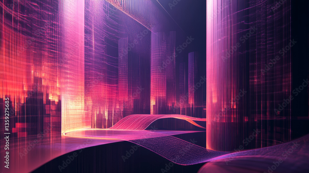 Poster cyber cave, stage for performance, stage in digital space. information blocks in abstract architectu