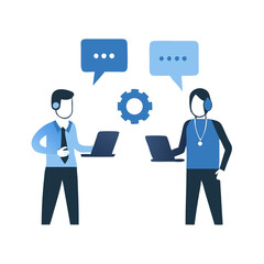 Team discussion icon with laptops and speech bubbles