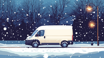 A digital illustration depicting a white delivery van driving on a snow-covered street at night. The scene is set against a backdrop of snow-covered trees and illuminated streetlights.  The style