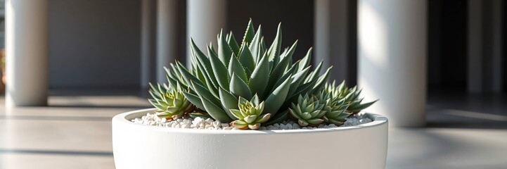Fototapeta premium Modern succulent arrangement in a white round planter placed in a bright minimalist interior
