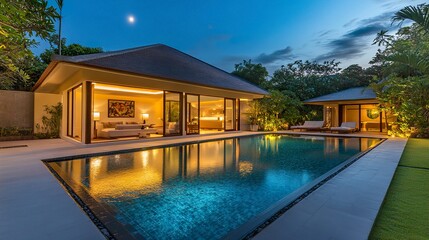 Modern pool villa at night, chic interior design visible through floor-to-ceiling glass, pool glistening under moonlight, warm tones 