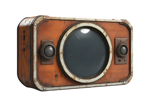 Old steampunk style television with orange wood and aged metal exterior.