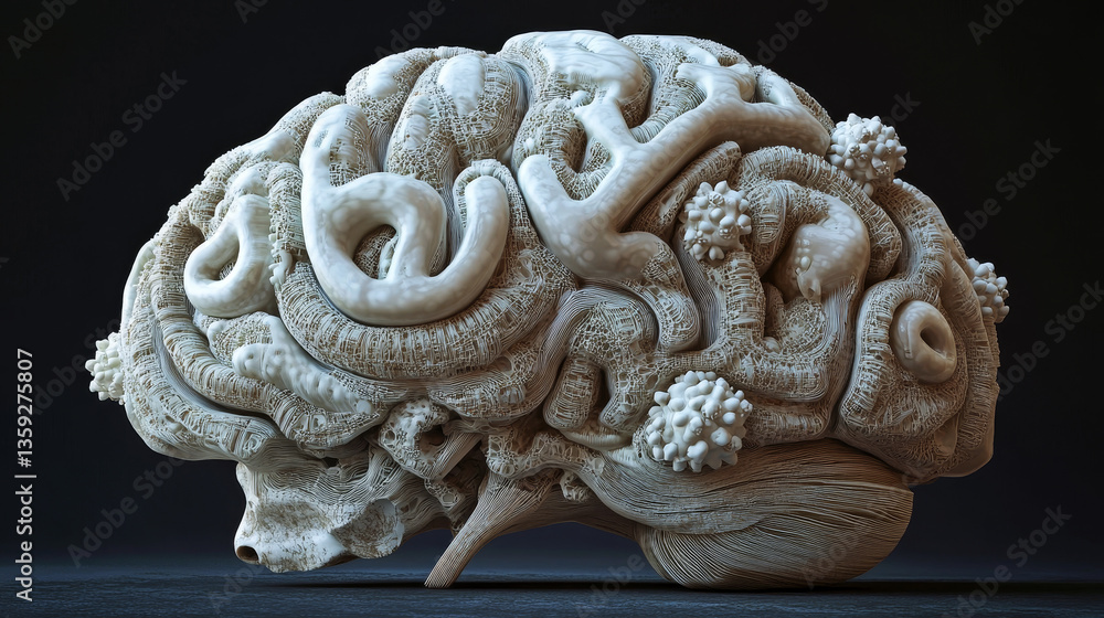 Poster digital brain and neural networks. artificial intelligence. computer mind 3d illustration