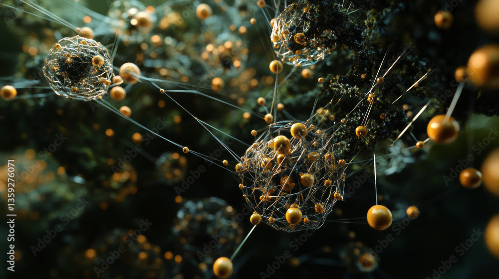 Poster digital data field in cyberspace of metaverse. 3d illustration of a polygonal network in shallow dep