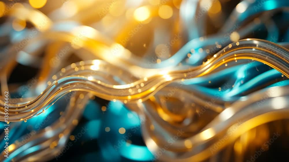 Poster abstract golden and teal wavy lines with bokeh lights on dark background
