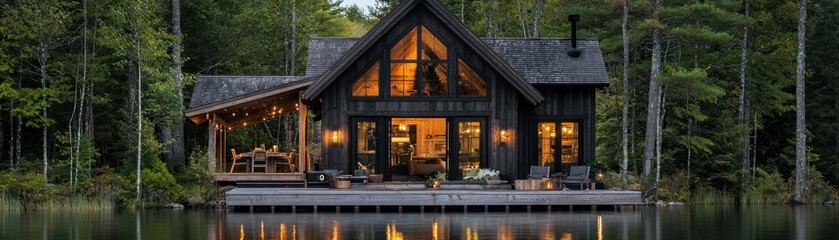 A cozy cabin nestled lakeside surrounded by vibrant green trees
