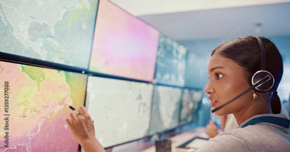 Poster computer, screen or woman with headset in control room for weather pattern, satellite maps or storm 