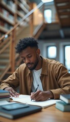 Obraz premium A young Black man is deeply engaged in writing notes at a wooden table in a cozy library filled with books. The warm atmosphere and natural light create an inviting space for learning and creativity.