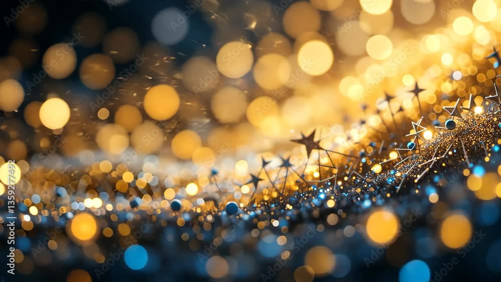 Poster abstract golden bokeh with floating elements on dark blue background for celebration and festive atm