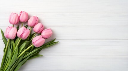 Fototapeta premium Fresh Pink Tulips on White Wooden Background for Spring and Floral Decoration, Celebrations, and Events