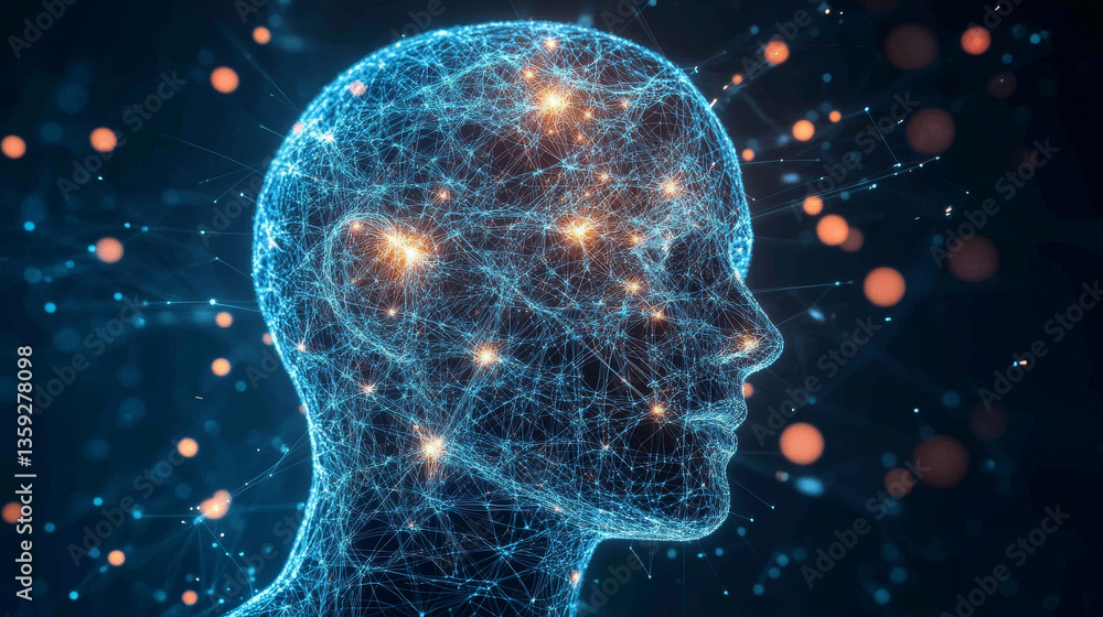 Poster internet technologies and neural network. 3d illustration of neural connections in artificial intell