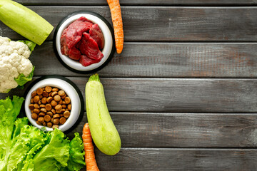 Dry and natural pet food with ingredients. Meat with vegetables - zucchini, carrots and greens