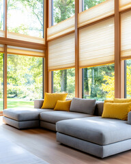 Fototapeta premium Modern sectional sofa in sunlit living room with large windows overlooking a garden